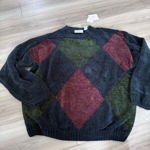 Modern Elements Mens XL Chenille Sweater Navy Argyle Diamond Knit Crewneck NWT